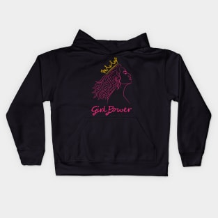 Beautiful girl with curly hair and a golden crown with the text saying "Girl Power" Kids Hoodie